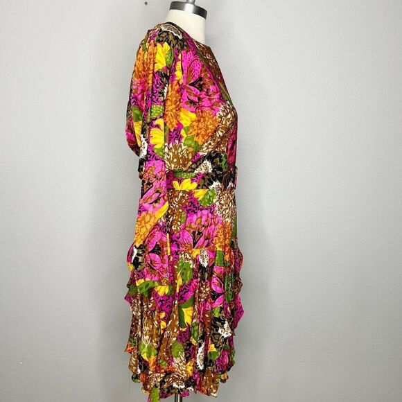 Vintage 80s GILLIAN Floral Silk Jacquard Dolman Ruffled Skirt DRESS Size S - Picture 6 of 11